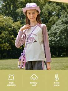 SHEIN Langarm Mädchen T-Shirt im Outdoor Freizeitstil für den Herbst, Kontrasfarbige Blockdesign Camping Musterung, bequemer, atmungsaktiver, weicher Stoff, geeignet für Outdoor-Aktivitäten, Camping, Stadtbummel - Verschiedenfarbig - Übersicht 5