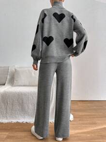 SHEIN PETITE 2pcs/Set Casual Heart Pattern High Neck Sweater - Grey - View 2