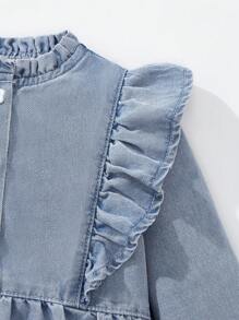 SHEIN Young Girl Blue Denim Ruffled Collar Floral Button Long Sleeve Blouse