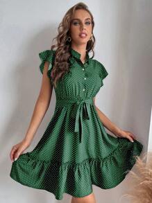 SHEIN Clasi 女士圆领纽扣蝙蝠袖腰带荷叶边下摆设计短袖连衣裙 - 墨綠色 - 查看 5