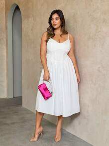 SHEIN BAE Plus Size Damska słodka sukienka retro z gorsetem w kształcie litery A z paskiem typu spaghetti i detalami na gorsecie, biała, średniej długości - Biały - Zobacz 4