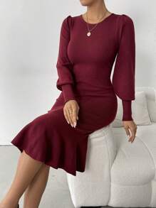 Chiquease Women's Solid Color Simple Casual Long Sleeve Sweater Dress Fall Cloth For Women - Burgundy - View 6