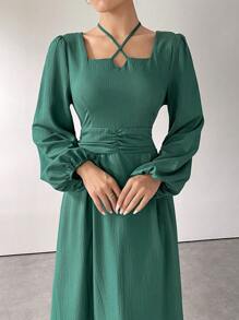 Modelyn 长款优雅纯色喇叭袖连衣裙，春秋 - 青碧色 - 查看 6