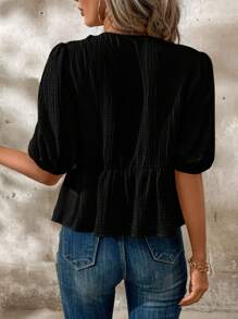 SHEIN Clasi Women's Summer Tie Front Cropped Blouse With Ruffle Hem And Puff Sleeves, Peter Pan Collar,Long Sleeve Tops