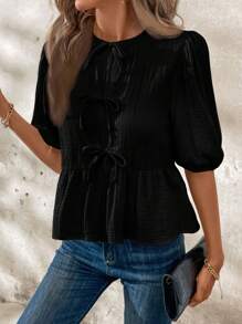 SHEIN Clasi Women's Summer Tie Front Cropped Blouse With Ruffle Hem And Puff Sleeves, Peter Pan Collar,Long Sleeve Tops