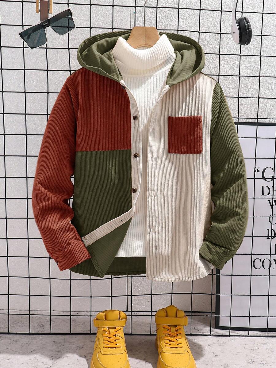 SHEIN Kemeja Pullover Korduroi Berkerudung Gaya Kampus Kasual untuk Anak Laki-Laki Remaja, Motif Blok Warna Kontras - Coklat - View 1