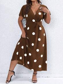 SHEIN Franclia Plus Size Women's Summer Polka Dot Print Crossover V-Neck Short Sleeve Dress - Brown - View 1