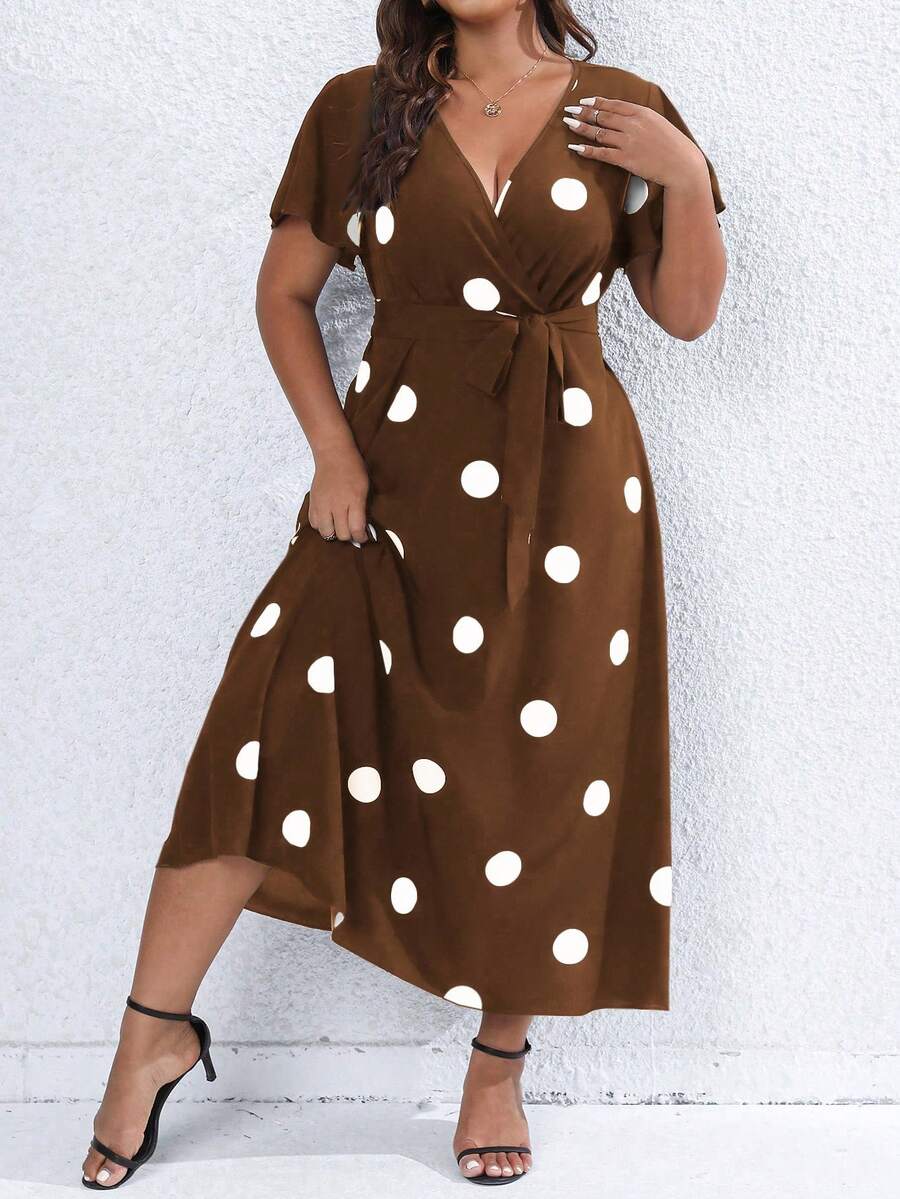 SHEIN Franclia Plus Size Women's Summer Polka Dot Print Crossover V-Neck Short Sleeve Dress - Brown - View 1