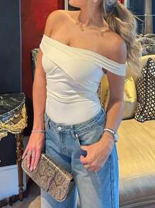 INAWLY 女士露肩纯色修身衬衫，夏季 - 白色 - 查看 3