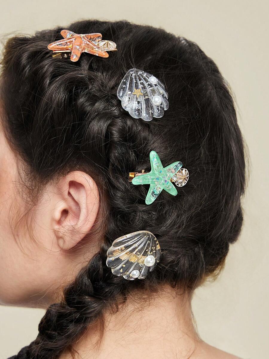 SHEIN MOD 4 件装女士可爱珍珠/鲍鱼、多巴胺、闪光、不对称形状、贝壳海洋海星发夹，适合海滩度假 - 彩色 - 查看 1