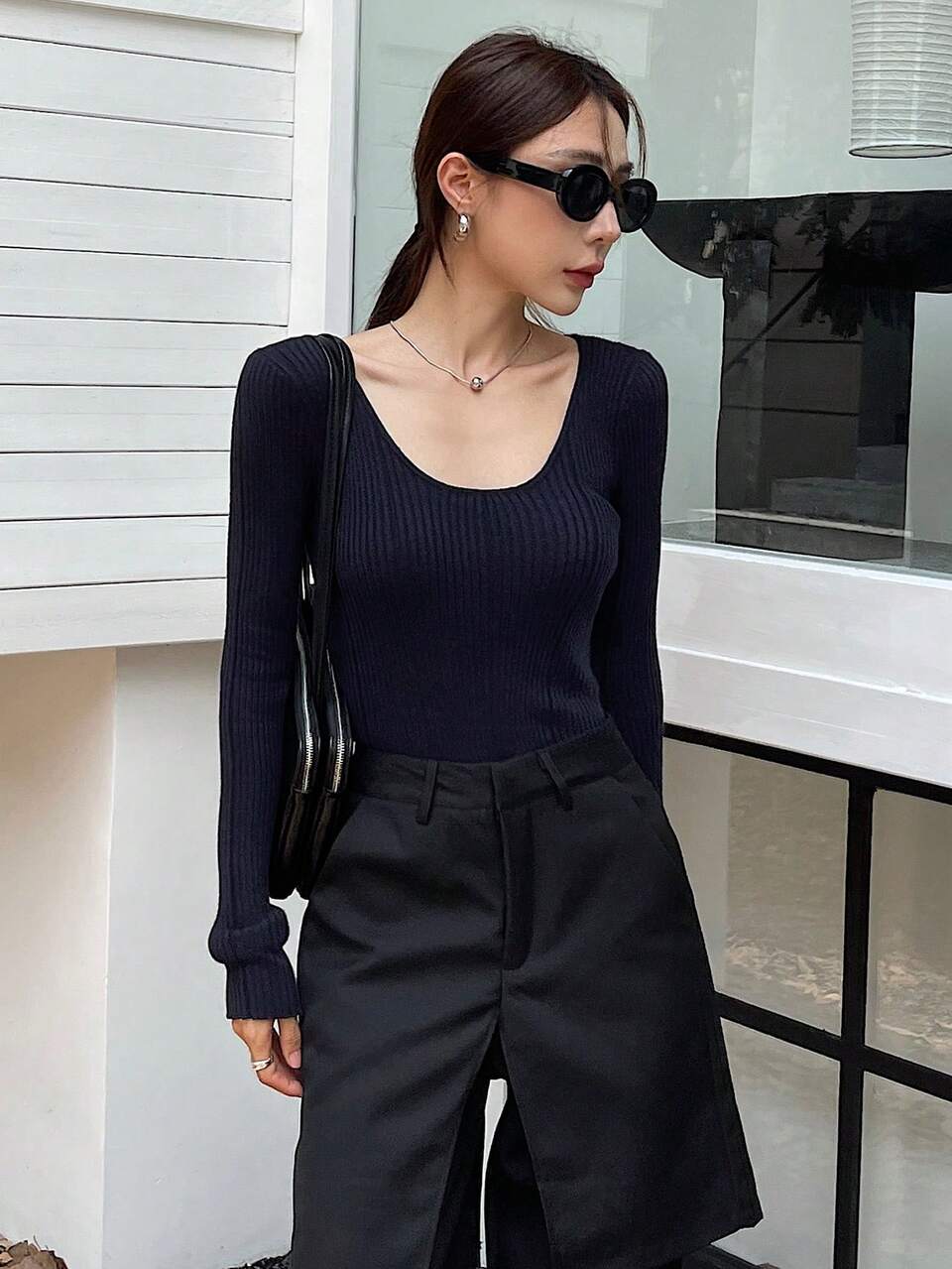 1pc Women's Solid Color Slim Fit Knitted Sweater, Business Casual Style, Autumn