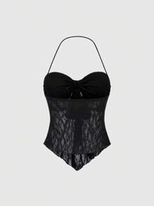 Sweetra 女士夏季撞色蕾丝蝴蝶结前开襟露背黑色上衣 Y2K - 黑色 - 查看 2