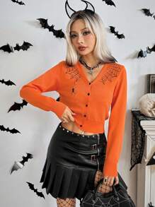 Chiquease Women's Spider Web Pattern V-Neck Cardigan, For Halloween Fall Cloth For Women - Orange - View 3