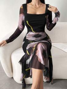 Modelyn 女士花卉印花方领长袖网眼连衣裙超长款女士装长款晚礼服