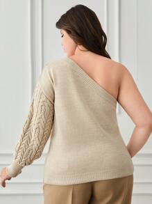 RueChic Plus Size One Shoulder Cable Knit Sweater - Apricot - View 2