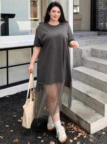 Dazy Plus Plus Size Midi Length T-Shirt Style Mesh Patchwork Dress, Spring/Summer Sundress,Casual Women Dresses - Grey - View 7