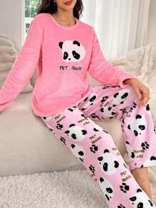 Conjunto de pijama de mujer con top de manga larga y pantalones largos con diseño lindo de panda - Rosa - Ver 3
