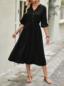 EMERY ROSE Women's Summer Medium-Sleeve Notched V-Neck Drawstring Waist Dress In Dark Blue. - Black - View 3