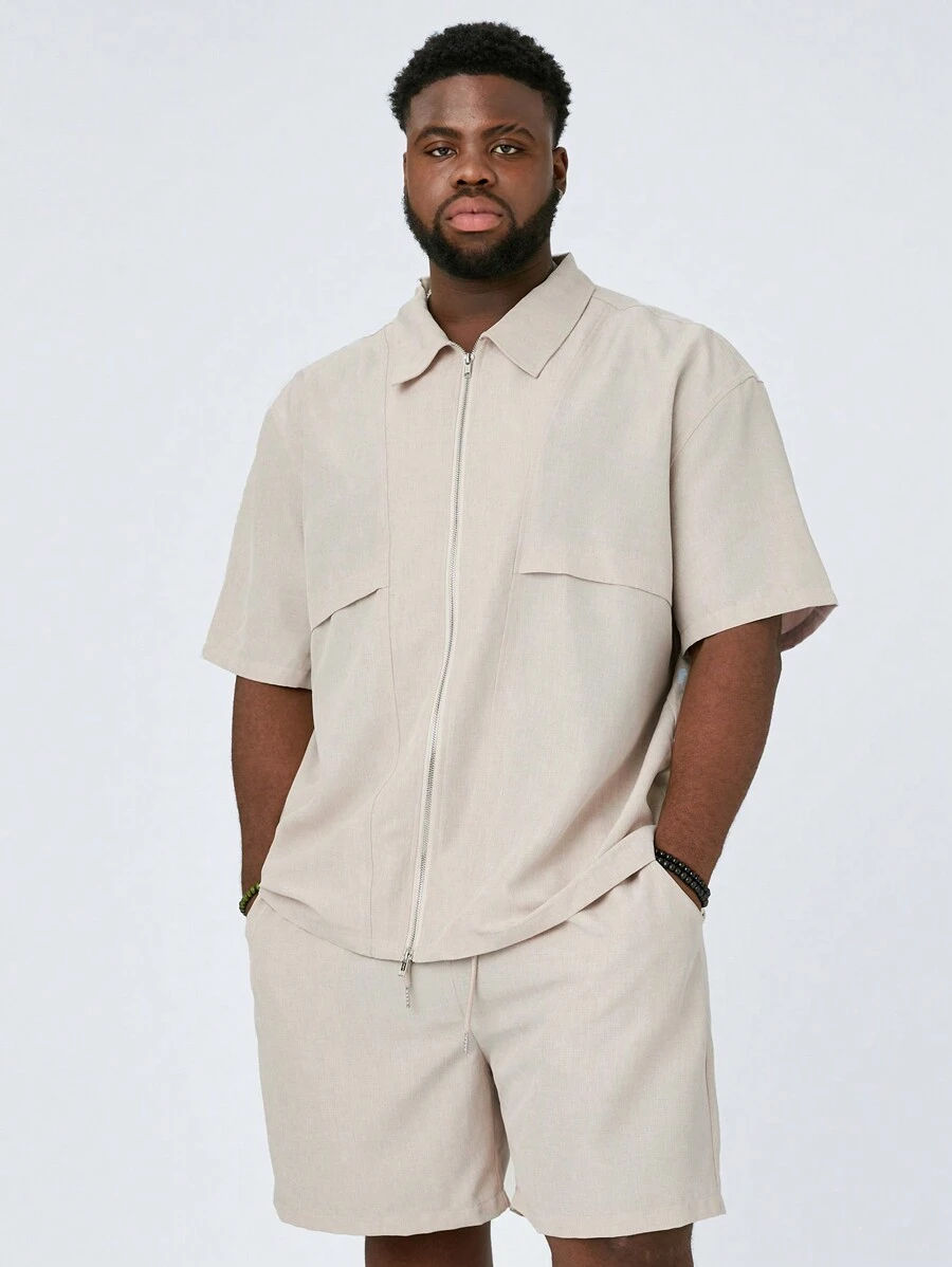 Manfinity VCAY 2 件大码男士休闲梭织修身短袖衬衫和松紧腰短裤套装 - 杏色 - 查看 1