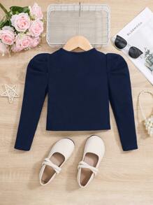 SHEIN Chaqueta corta de estilo casual ajustada de unicolor con manga gigot abotonada para niña joven - Azul Marino - View 2