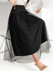 Modelyn Váy lưới trang trí nút kim loại tương phản cho nữ - màu đen - Xem 4