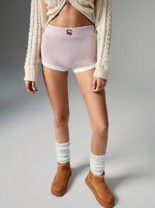 Poéselle Fall Clothes, Pink Sweater Shorts, Sweater Shorts, Women's Summer Casual Cherry Embroidery Trim Fitted Sweater Shorts Set, Cute Sweater Shorts, Cherry Embroidery, Sweet And Cute, Suitable For Everyday Street, Home Wear