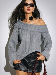 Poéselle 秋季新款不对称露肩针织套头衫毛衣，露肩毛衣，绒面毛衣，条纹毛衣，圣诞毛衣，2024秋冬款 - 深灰色 - 查看 3