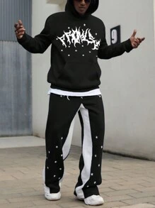 Manfinity Roghcode Men's Printed Hooded Sweatshirt And Contrast Pentagon Star Pants 2-Piece Set, Men 2 Piece Set Sweats, Men 2 Piece Set Black And White, Hip Hop Clothes, Manfinity Hoodie And Pants - Black - View 6