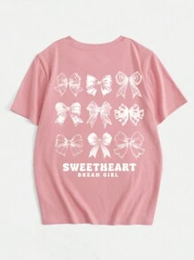 SHEIN EZwear 大码休闲简约蝴蝶印花圆领短袖 T 恤，大码女式夏季图案 T 恤 - 藕粉色 - 查看 4