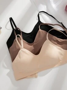 3 piezas Sujetador sin costuras de color liso con almohadillas extraíbles