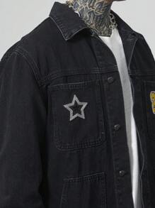 Manfinity LEGND Áo khoác denim thường ngày có đính đá cho nam cỡ lớn, mùa xuân/thu - màu đen - Xem 6