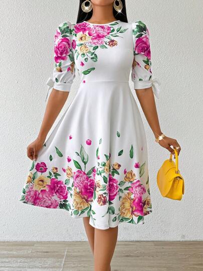 SHEIN Lady 秋冬节日礼服婚礼宾客礼服优雅白色工作针织圆领节日礼服婚礼宾客礼服梭织七分袖女装