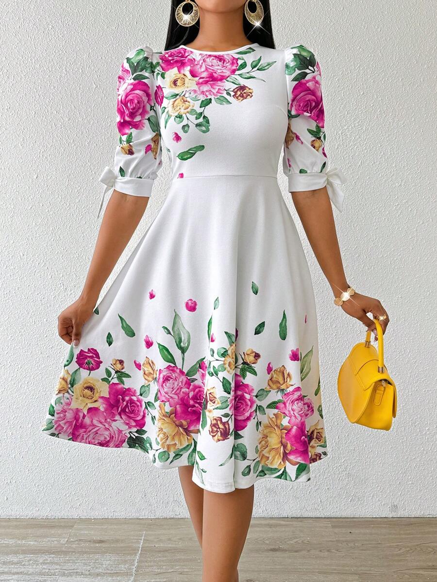 SHEIN Lady 秋冬节日礼服婚礼宾客礼服优雅白色工作针织圆领节日礼服婚礼宾客礼服梭织七分袖女装 - 彩色 - 查看 1