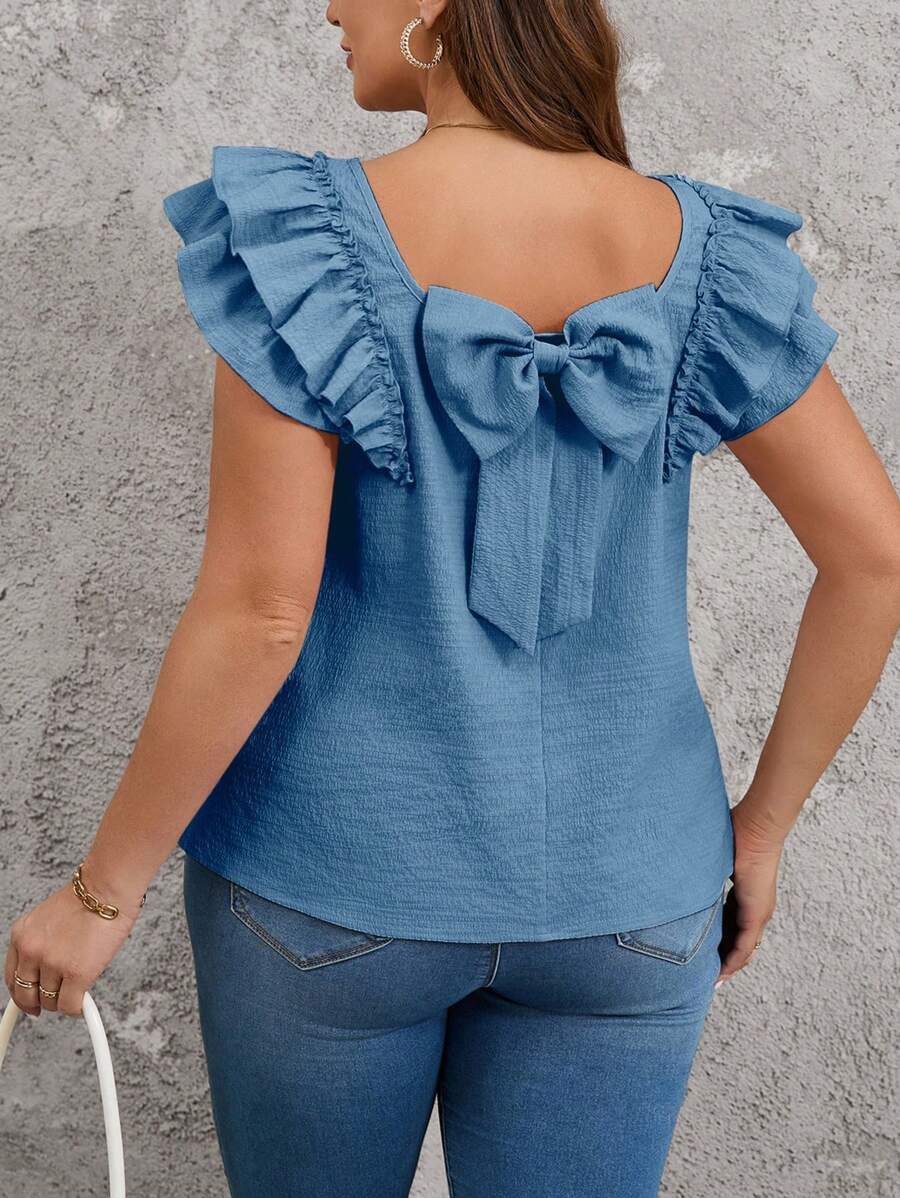 SHEIN Clasi Große Größen lässige, weite Bluse mit Schleife am Rücken, quadratischem Ausschnitt und Puffärmeln