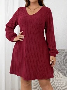 SHEIN Clasi Plus Size Women Wine Red Wide Ribbed Short Dress - Burgundy - View 1
