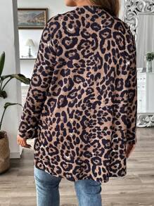 SHEIN VCAY Plus Size Women's Spring Autumn Leopard Print Long Sleeve Open Front Casual Jacket