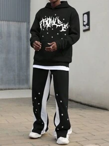 Manfinity Roghcode Men's Printed Hooded Sweatshirt And Contrast Pentagon Star Pants 2-Piece Set, Men 2 Piece Set Sweats, Men 2 Piece Set Black And White, Hip Hop Clothes, Manfinity Hoodie And Pants - Black - View 4