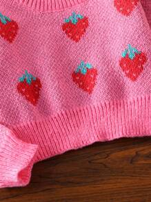 SHEIN Young Girl's Round Neck Strawberry Print Long Sleeve Casual Loose Comfortable Sweater - Watermelon Pink - View 5