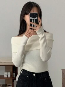 DAZY Women's Casual Plain Off-Shoulder Sweater, Spring & Autumn,Long Sleeve Tops,Fall Women Clothes - Beige - View 8