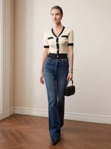 MOTF PREMIUM CONTRAST BINDING SINGLE BREASTED PLACKET SLIM FIT CARDIGAN - Black and White - View 6