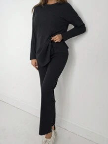 Drop Shoulder Split Hem Tee & Pants - Navy Blue - View 5