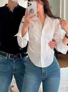 INAWLY 女式纯色简约长袖衬衫 - 白色 - 查看 4
