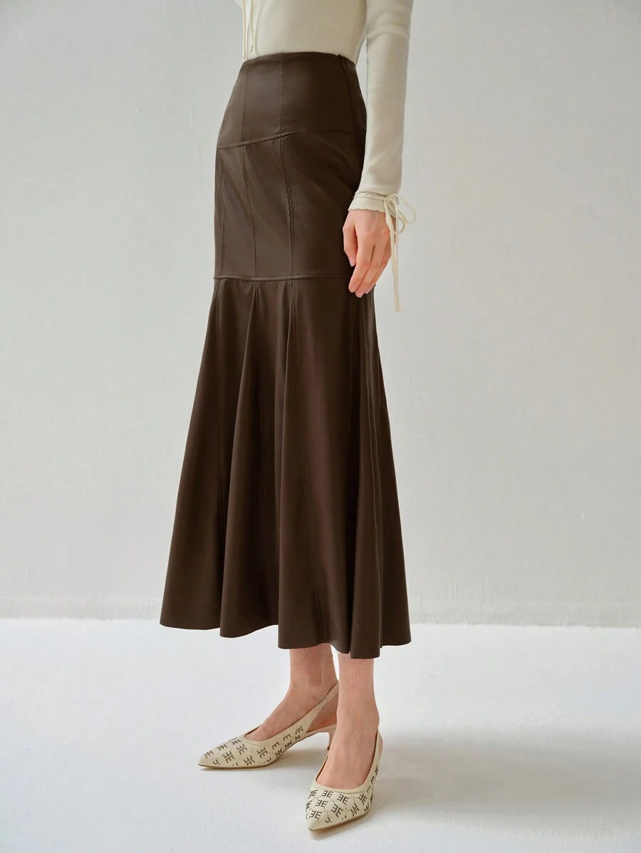 Enchnt Fall Winter Women's Solid Color Minimalist Casual PU Skirt,Winter Skirt,Fall Winter  Women's Clothing