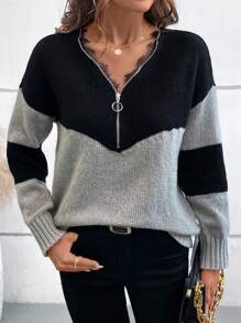 SHEIN LUNE Fashionable New Zip-Up Knitted Sweater, European And American Design Sense, Lace Patchwork, Casual Versatile Pullover