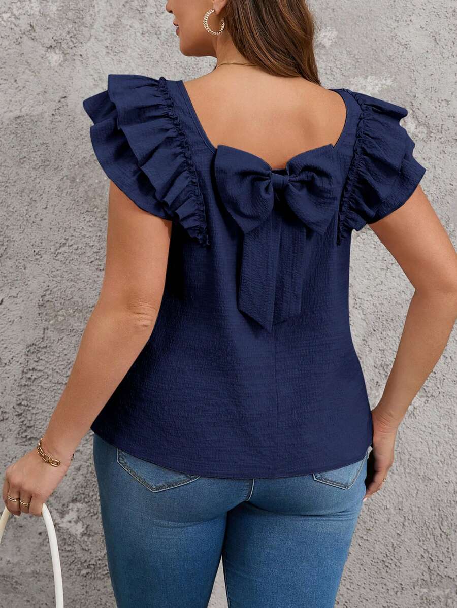 SHEIN Clasi Plus Size Square Neckline Backless Cap Sleeve Bow Decor Casual Blouse - Navy Blue - View 1