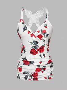 SHEIN Unity Women's Summer Floral Print Lace Patchwork Butterfly Elegant Cami Top - Multicolor - View 1
