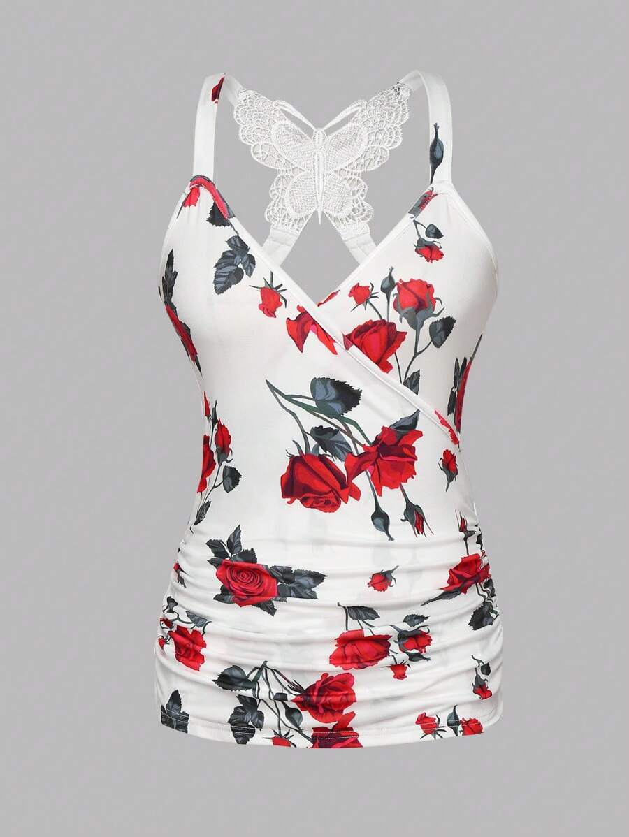 SHEIN Unity Women's Summer Floral Print Lace Patchwork Butterfly Elegant Cami Top - Multicolor - View 1
