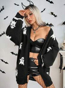 Chiquease Halloween Women's Cute Ghost Pattern Cardigal With V-Neckline Fall Winter Cloth For Women - Black and White - View 4