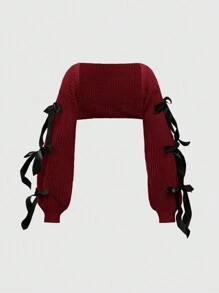 ROMWE Kawaii 休闲分层女式蝴蝶结领带装饰灯笼袖开衫罩衫轻便外套、长袖上衣