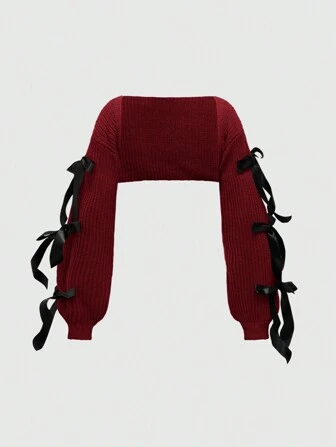 Kawaii Casual Layerable Women's Bowknot Tie Decor Lantern Sleeve Cardigan Cover Up Lightweight Outerwear,Long Sleeve Tops